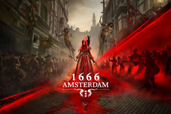 Noa, vestida de rojo, y el gato Aaron en una calle de Ámsterdam rodeada de figuras humanas y sombras.
