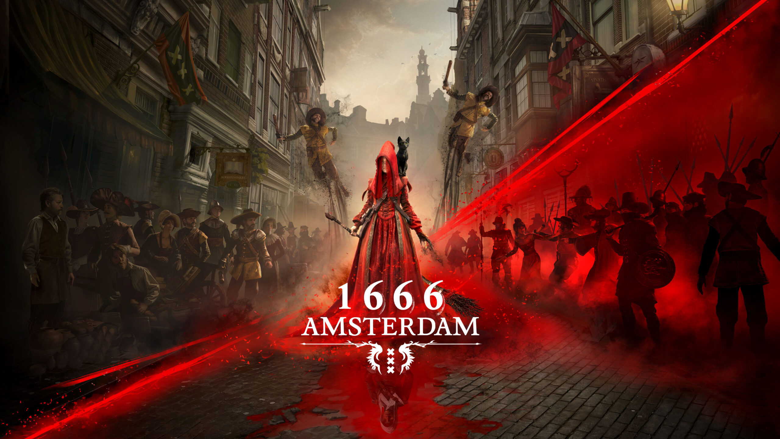 Noa, vestida de rojo, y el gato Aaron en una calle de Ámsterdam rodeada de figuras humanas y sombras.