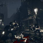Una calle victoriana oscura con farolas y un cuerpo tendido en 4 Penny Coffins
