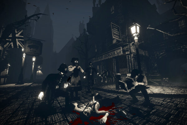 Una calle victoriana oscura con farolas y un cuerpo tendido en 4 Penny Coffins