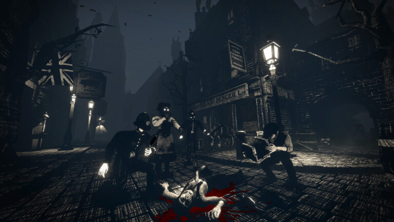 Una calle victoriana oscura con farolas y un cuerpo tendido en 4 Penny Coffins