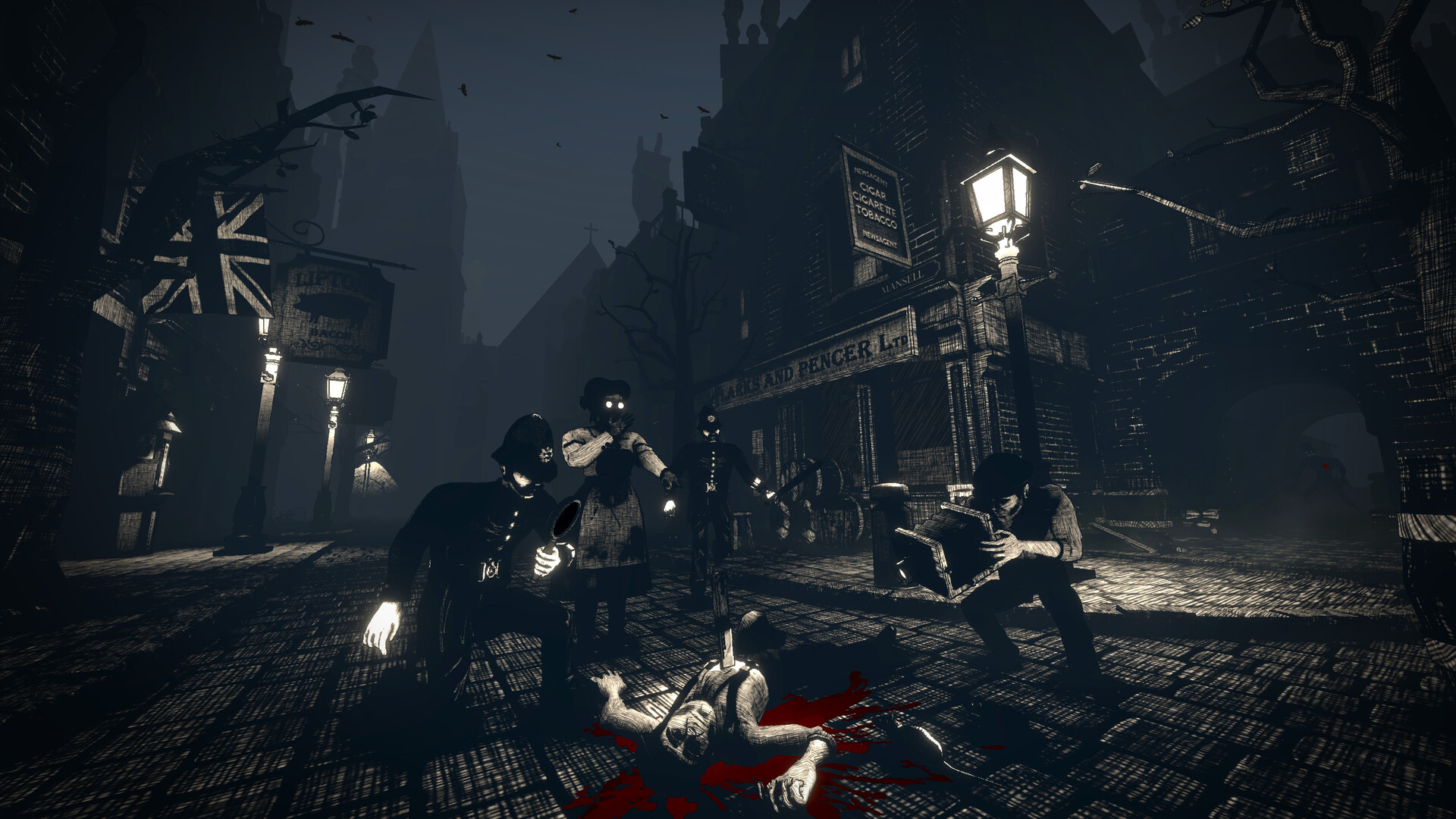 Una calle victoriana oscura con farolas y un cuerpo tendido en 4 Penny Coffins