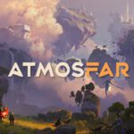 Arte de ATMOSFAR con islas flotantes, criaturas aladas y una pequeña aeronave roja junto a un explorador.