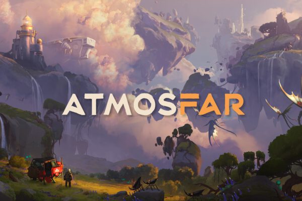 Arte de ATMOSFAR con islas flotantes, criaturas aladas y una pequeña aeronave roja junto a un explorador.