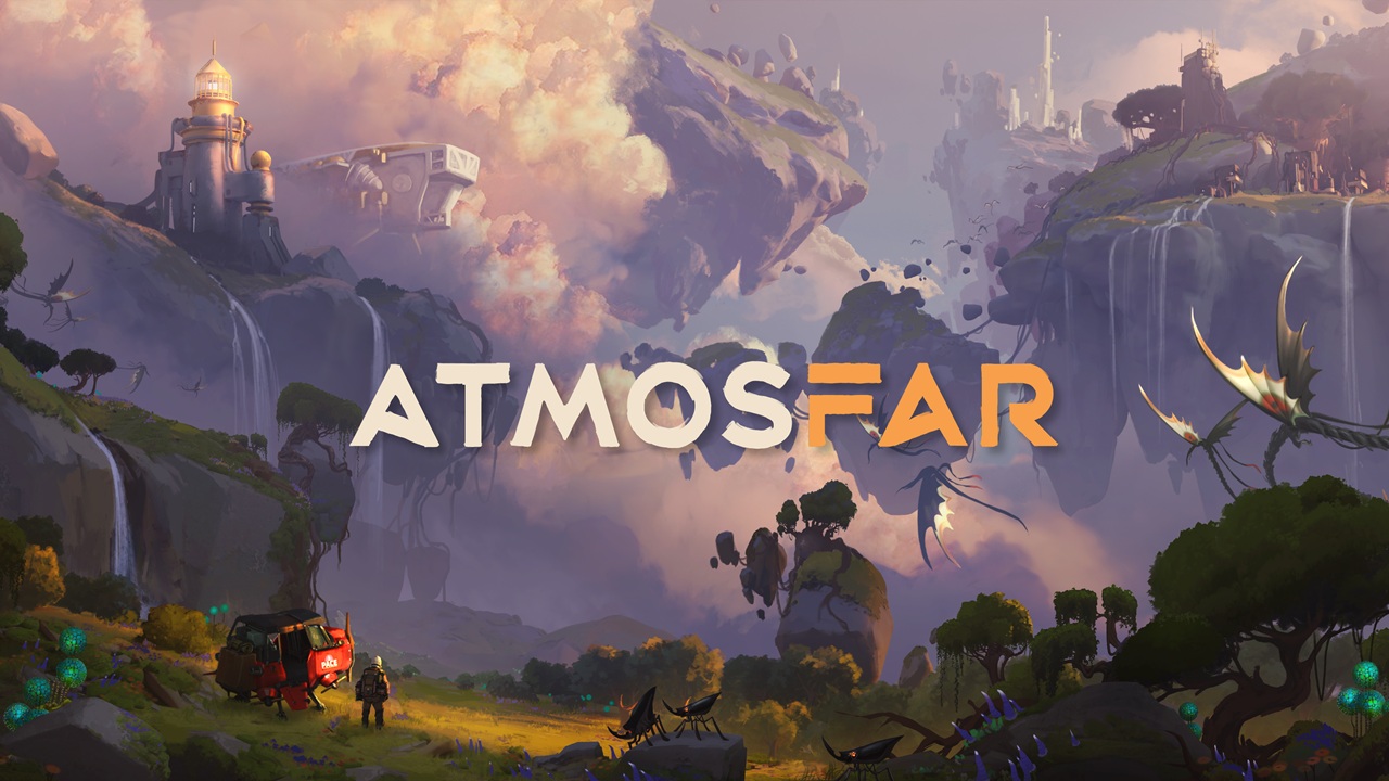 Arte de ATMOSFAR con islas flotantes, criaturas aladas y una pequeña aeronave roja junto a un explorador.