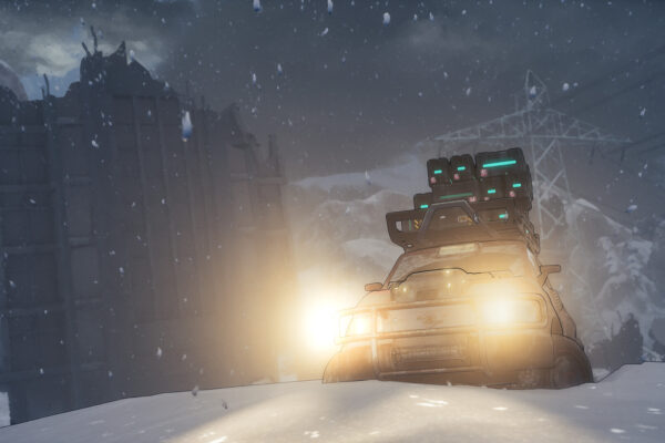 Un todoterreno con los faros encendidos avanza entre nieve y edificios abandonados