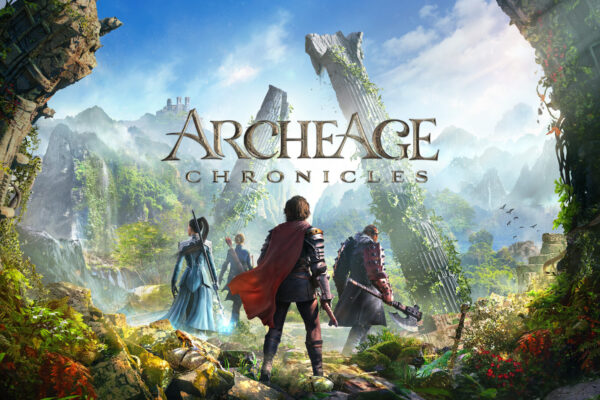 Tres aventureros se adentran en un valle de ruinas y vegetación de ArcheAge Chronicles