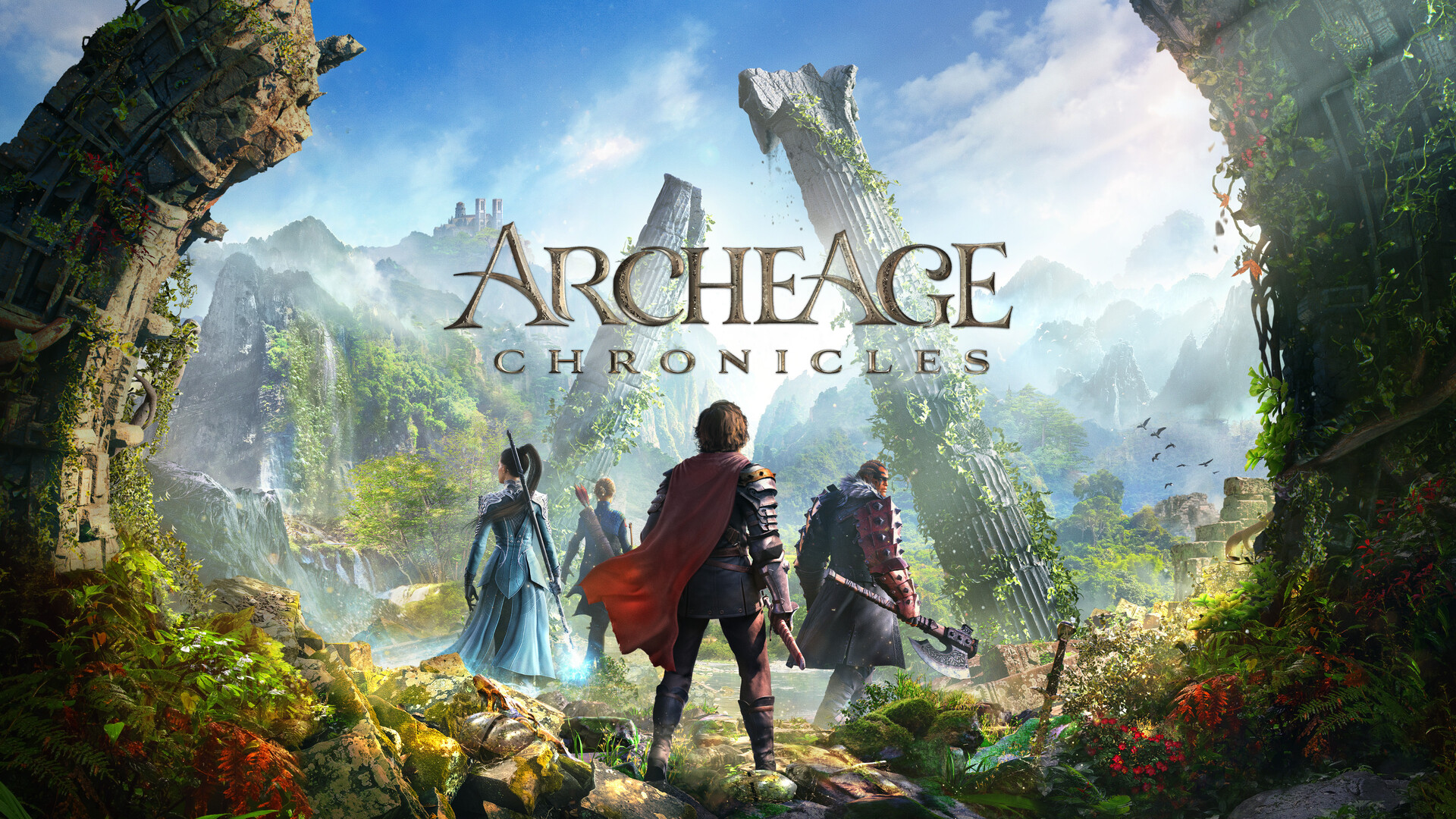 Tres aventureros se adentran en un valle de ruinas y vegetación de ArcheAge Chronicles