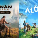 Conan y una guerrera ante las Tierras del Exilio, junto a dos personajes sobre una isla flotante de Aloft.