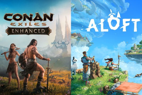 Conan y una guerrera ante las Tierras del Exilio, junto a dos personajes sobre una isla flotante de Aloft.