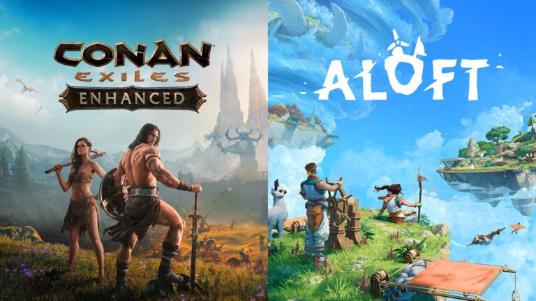 Conan y una guerrera ante las Tierras del Exilio, junto a dos personajes sobre una isla flotante de Aloft.