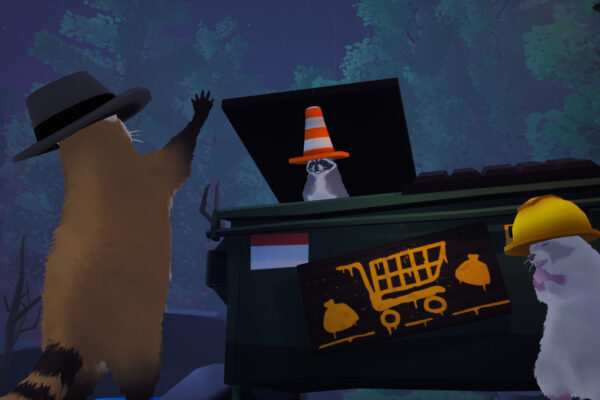 Dos mapaches utilizan un ordenador mientras llevan un cono y un casco en Dumpster Gang
