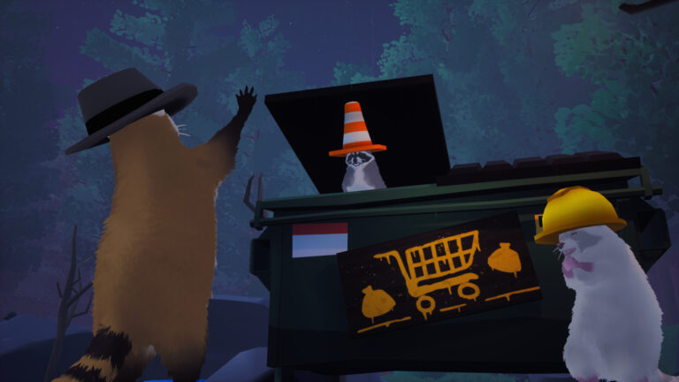 Dos mapaches utilizan un ordenador mientras llevan un cono y un casco en Dumpster Gang