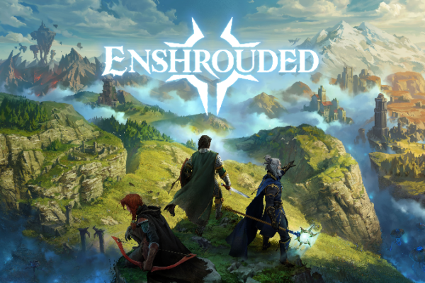 Varios aventureros contemplan el mundo montañoso de Enshrouded