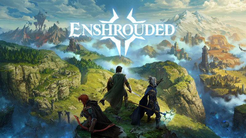 Varios aventureros contemplan el mundo montañoso de Enshrouded