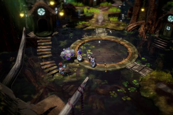 El grupo de Eternal Anima se enfrenta a enemigos en un escenario circular