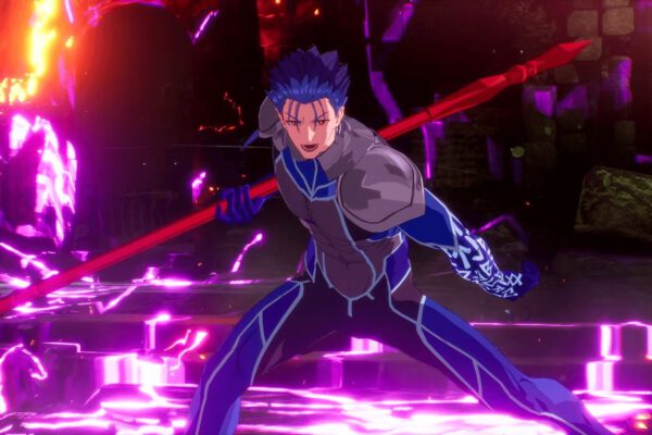 Un personaje de Fate EXTRA Record combate entre efectos de luz magenta