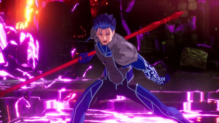 Un personaje de Fate EXTRA Record combate entre efectos de luz magenta