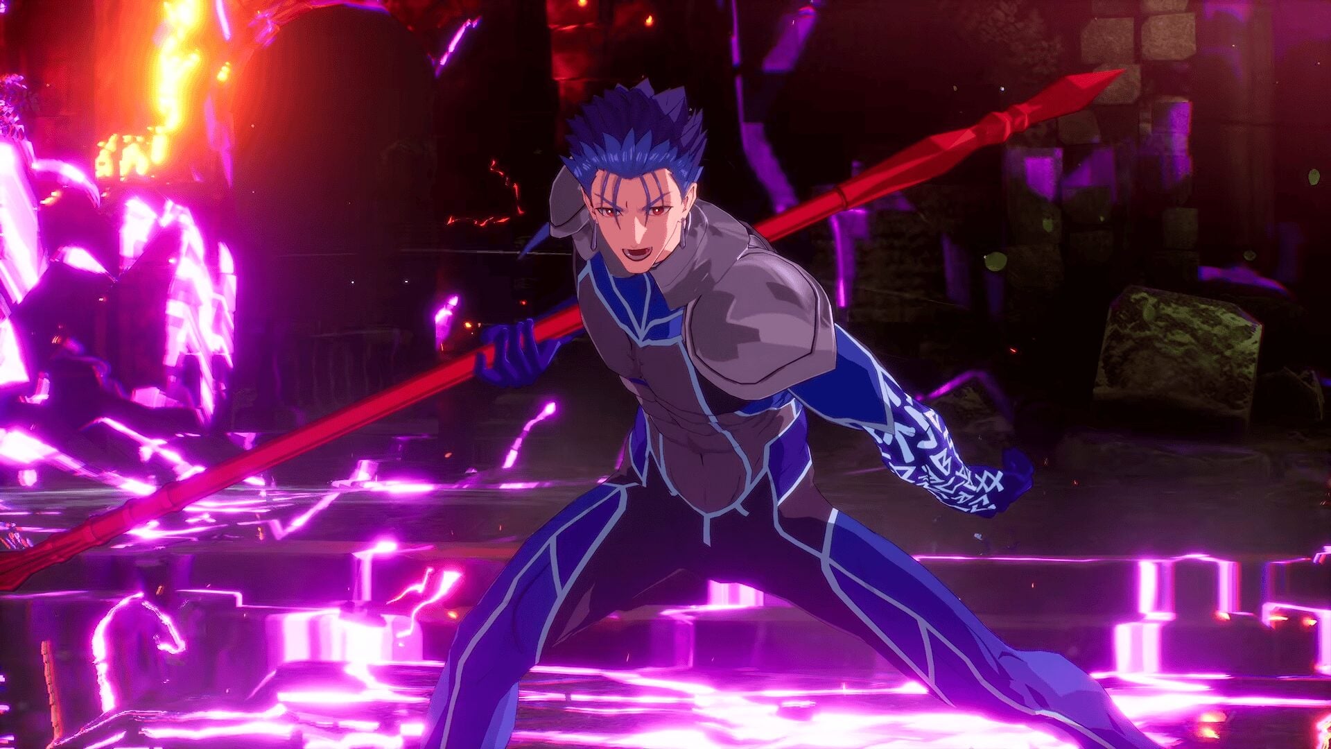 Un personaje de Fate EXTRA Record combate entre efectos de luz magenta