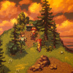 El grupo de Forge of the Fae recorre un paisaje de árboles bajo un cielo anaranjado