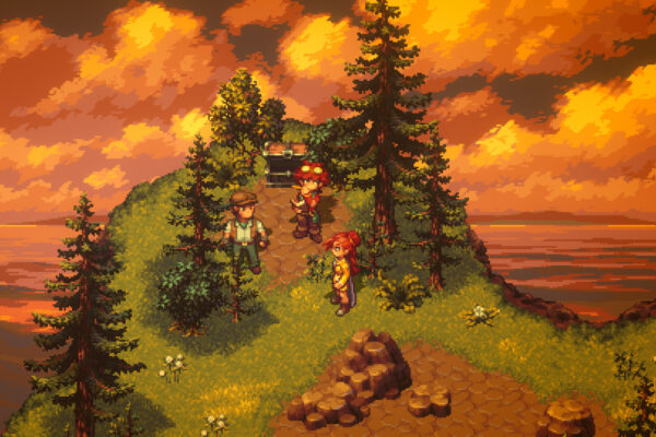 El grupo de Forge of the Fae recorre un paisaje de árboles bajo un cielo anaranjado