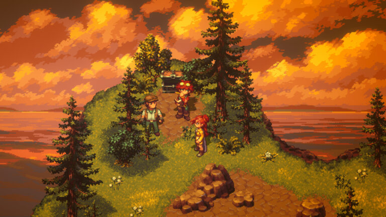El grupo de Forge of the Fae recorre un paisaje de árboles bajo un cielo anaranjado