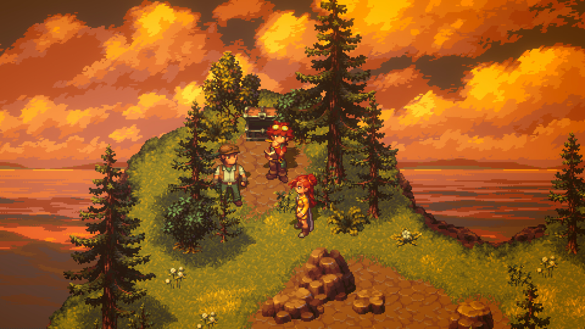 El grupo de Forge of the Fae recorre un paisaje de árboles bajo un cielo anaranjado