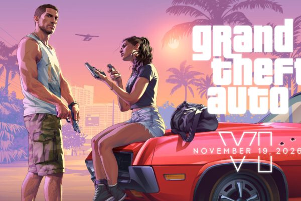 Jason y Lucia junto a un coche en el arte de lanzamiento de Grand Theft Auto VI