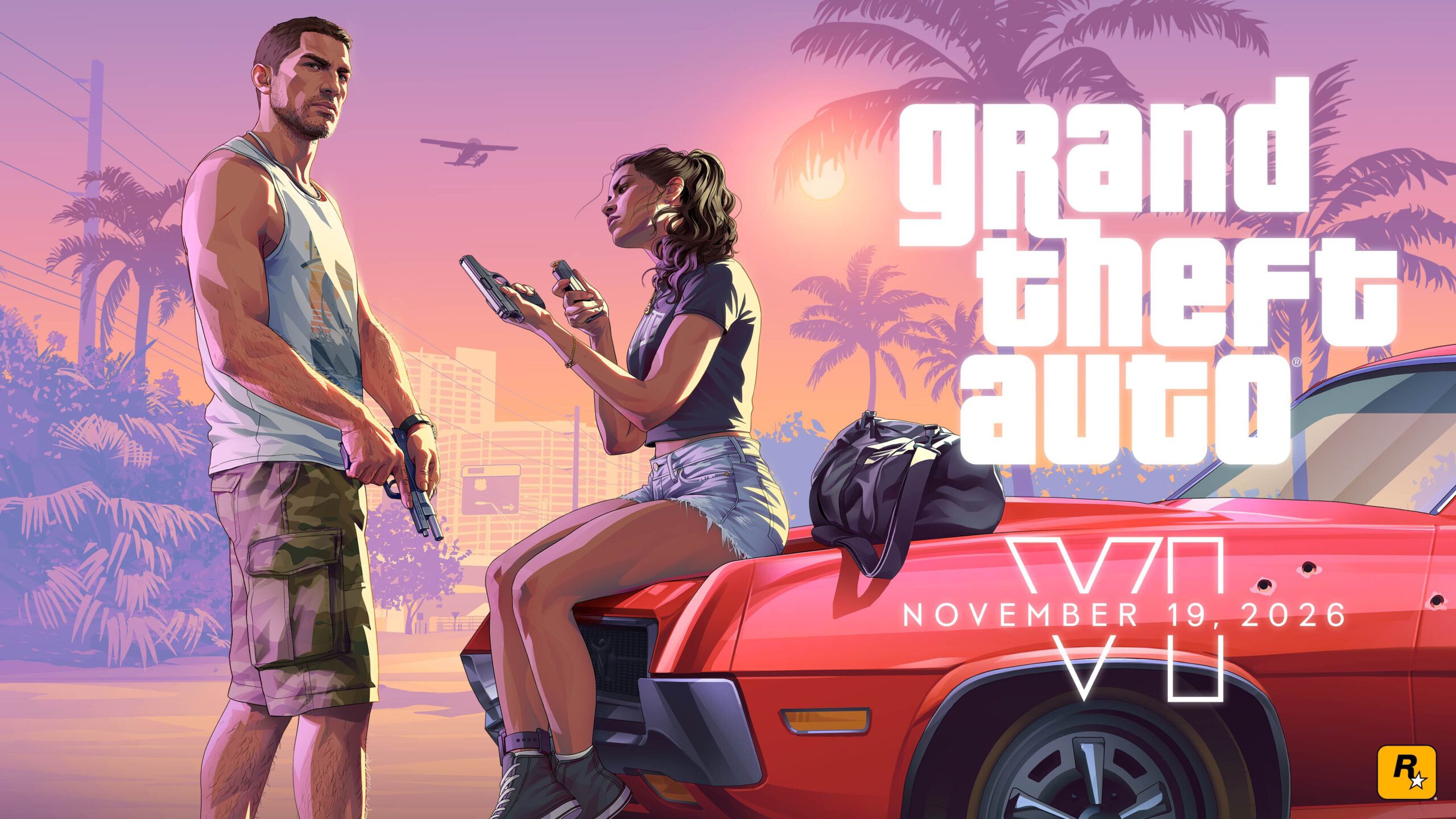 Jason y Lucia junto a un coche en el arte de lanzamiento de Grand Theft Auto VI