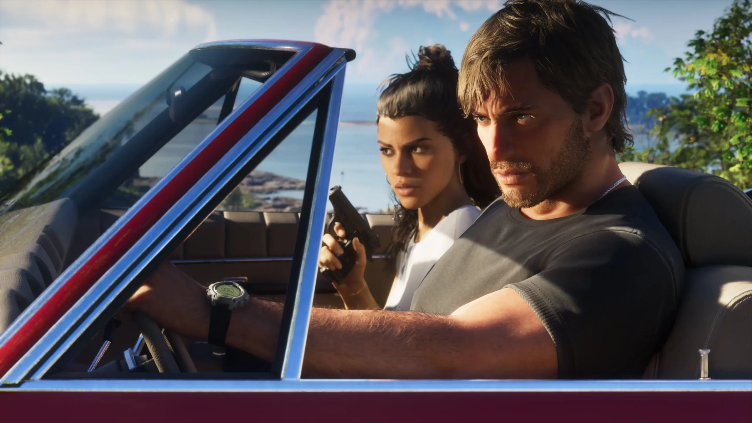 Jason al volante de un descapotable y Lucia en el asiento del acompañante en GTA VI