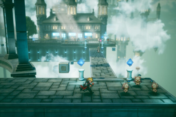 El grupo de Final Fantasy Resonance atraviesa un templo de tonos verdes