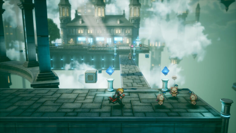 El grupo de Final Fantasy Resonance atraviesa un templo de tonos verdes