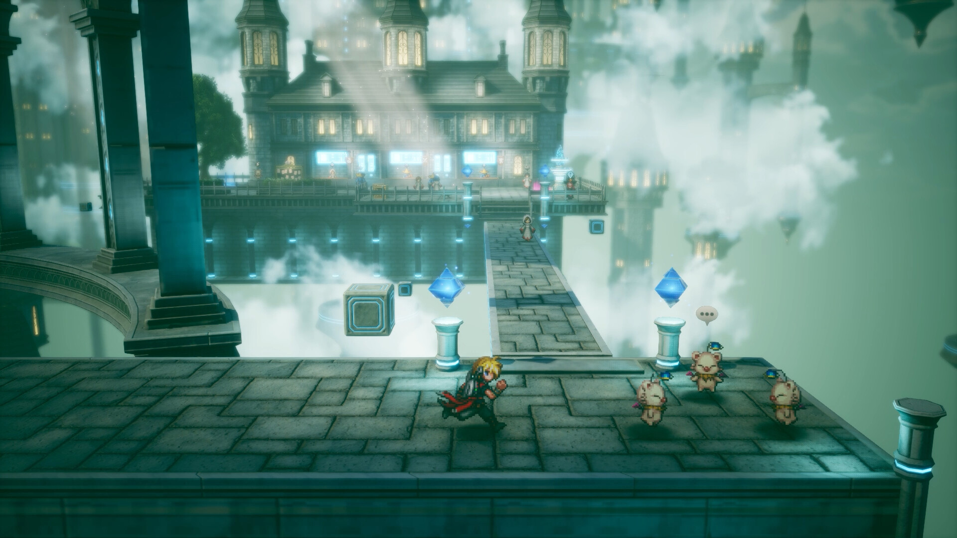 El grupo de Final Fantasy Resonance atraviesa un templo de tonos verdes
