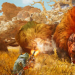 Un cazador se enfrenta a un gran monstruo de pelaje anaranjado en Monster Hunter Wilds