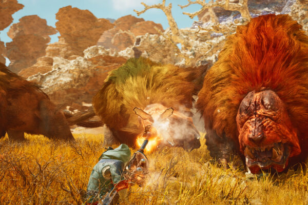 Un cazador se enfrenta a un gran monstruo de pelaje anaranjado en Monster Hunter Wilds