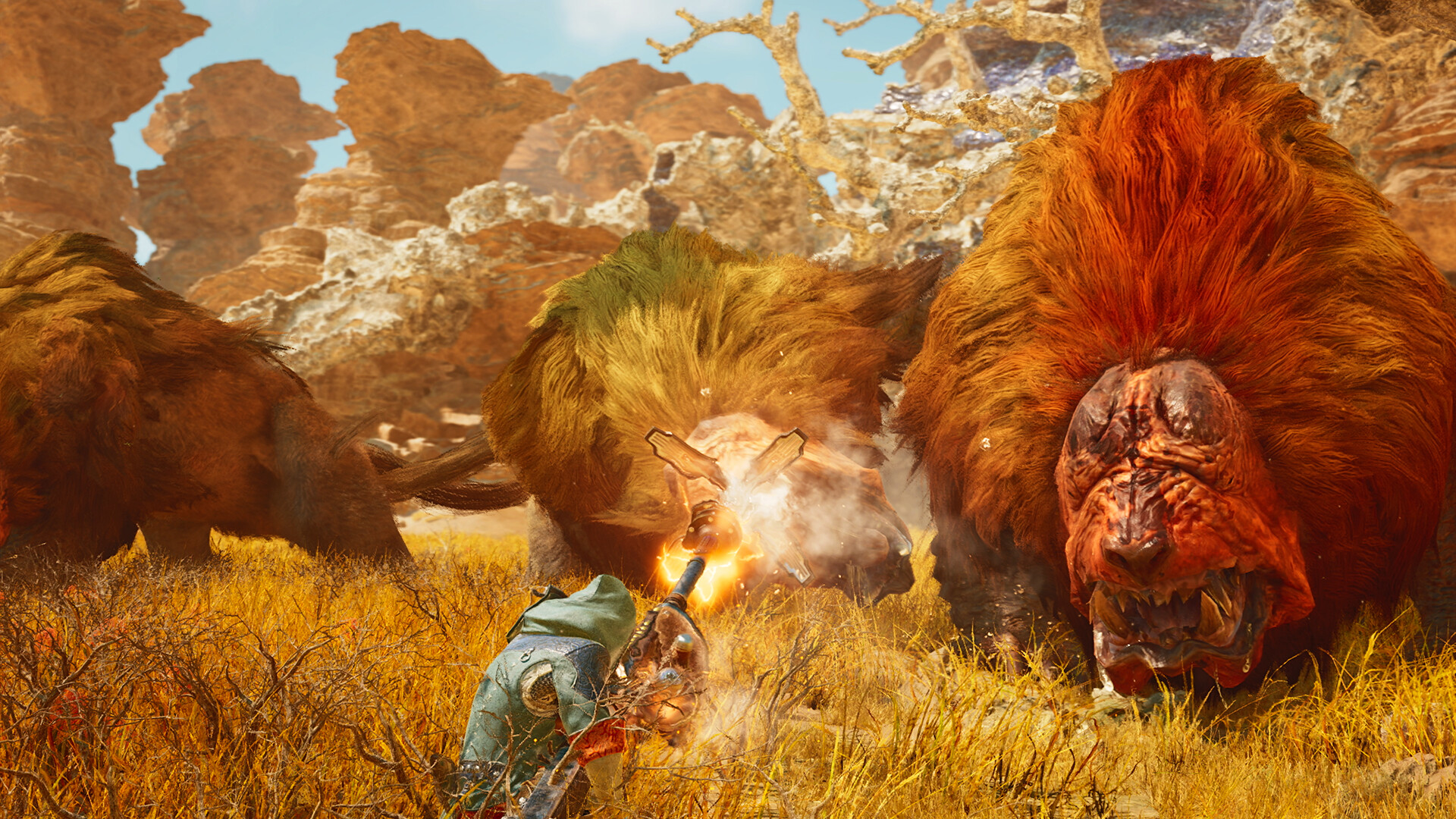 Un cazador se enfrenta a un gran monstruo de pelaje anaranjado en Monster Hunter Wilds