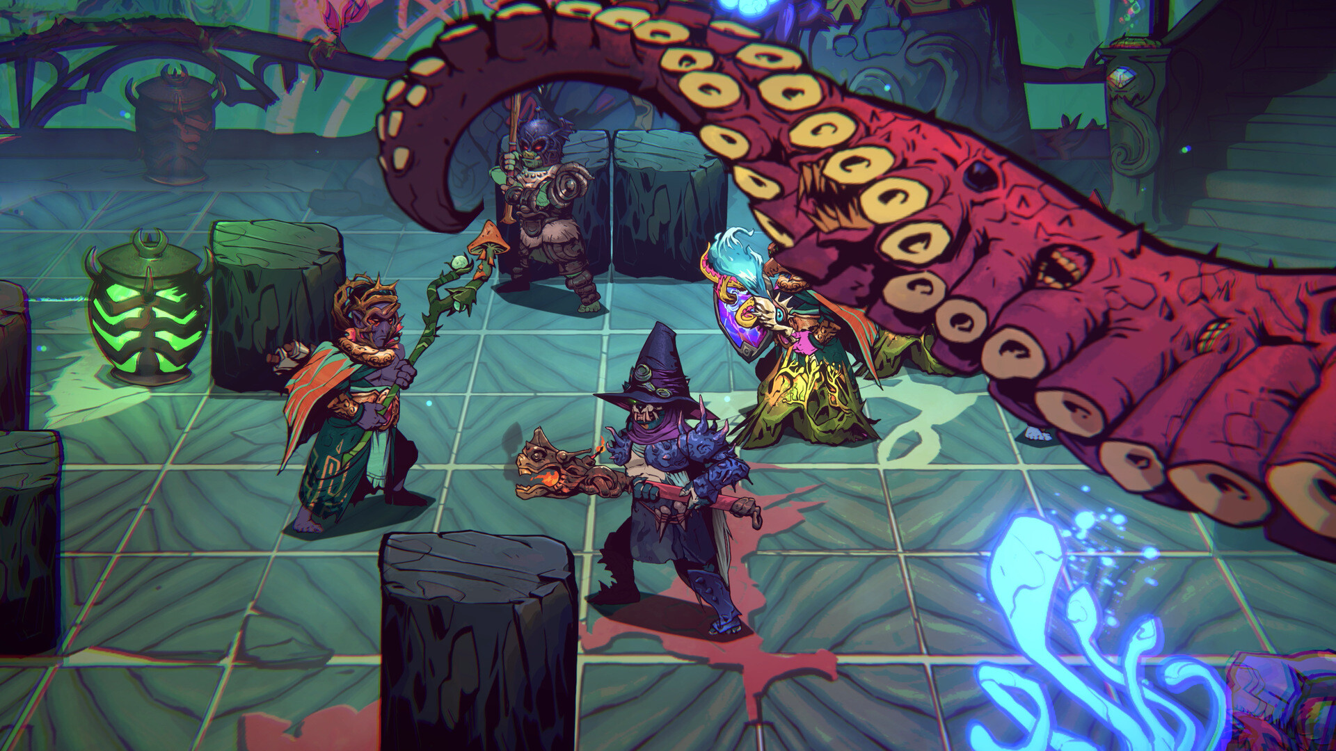 Mercenarios y criaturas de Myths from the Maw combaten entre grandes tentáculos