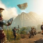 Varios aventureros de New World se reúnen frente a un asentamiento