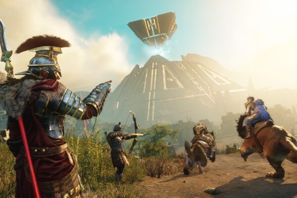 Varios aventureros de New World se reúnen frente a un asentamiento