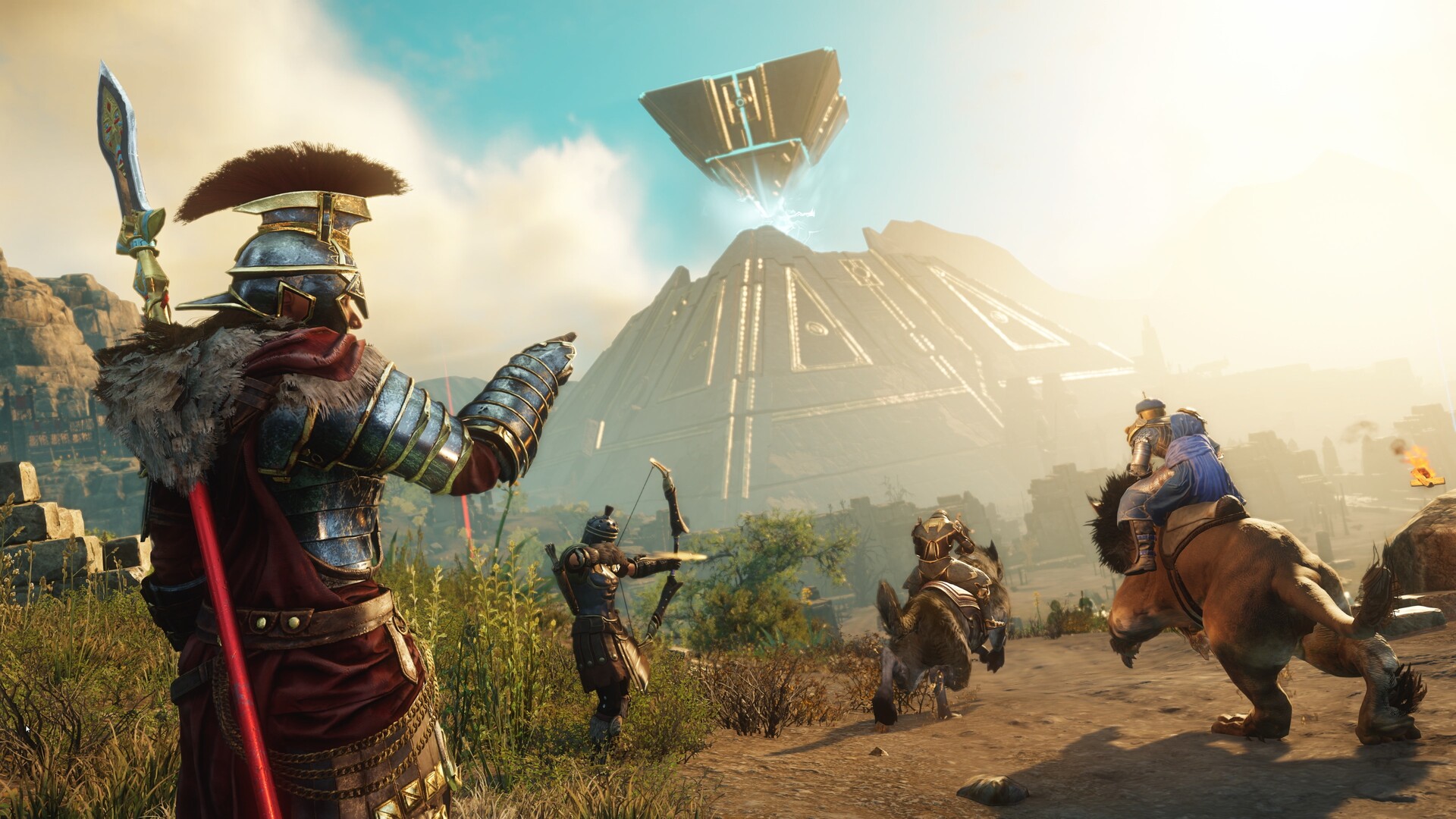 Varios aventureros de New World se reúnen frente a un asentamiento