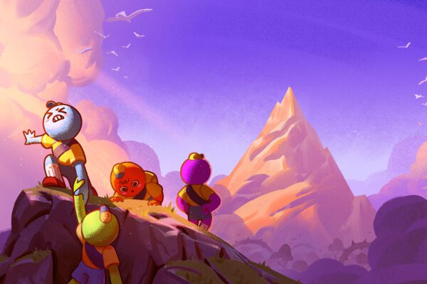 Un grupo de exploradores contempla las montañas de PEAK al atardecer