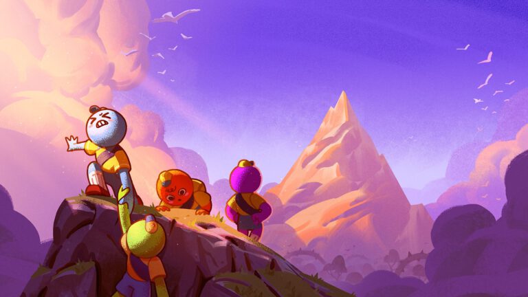Un grupo de exploradores contempla las montañas de PEAK al atardecer