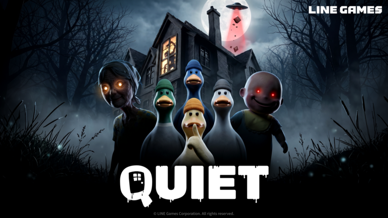 Cuatro patos alienígenas con gorros ante una casa oscura, entre una anciana y un bebé de ojos brillantes.