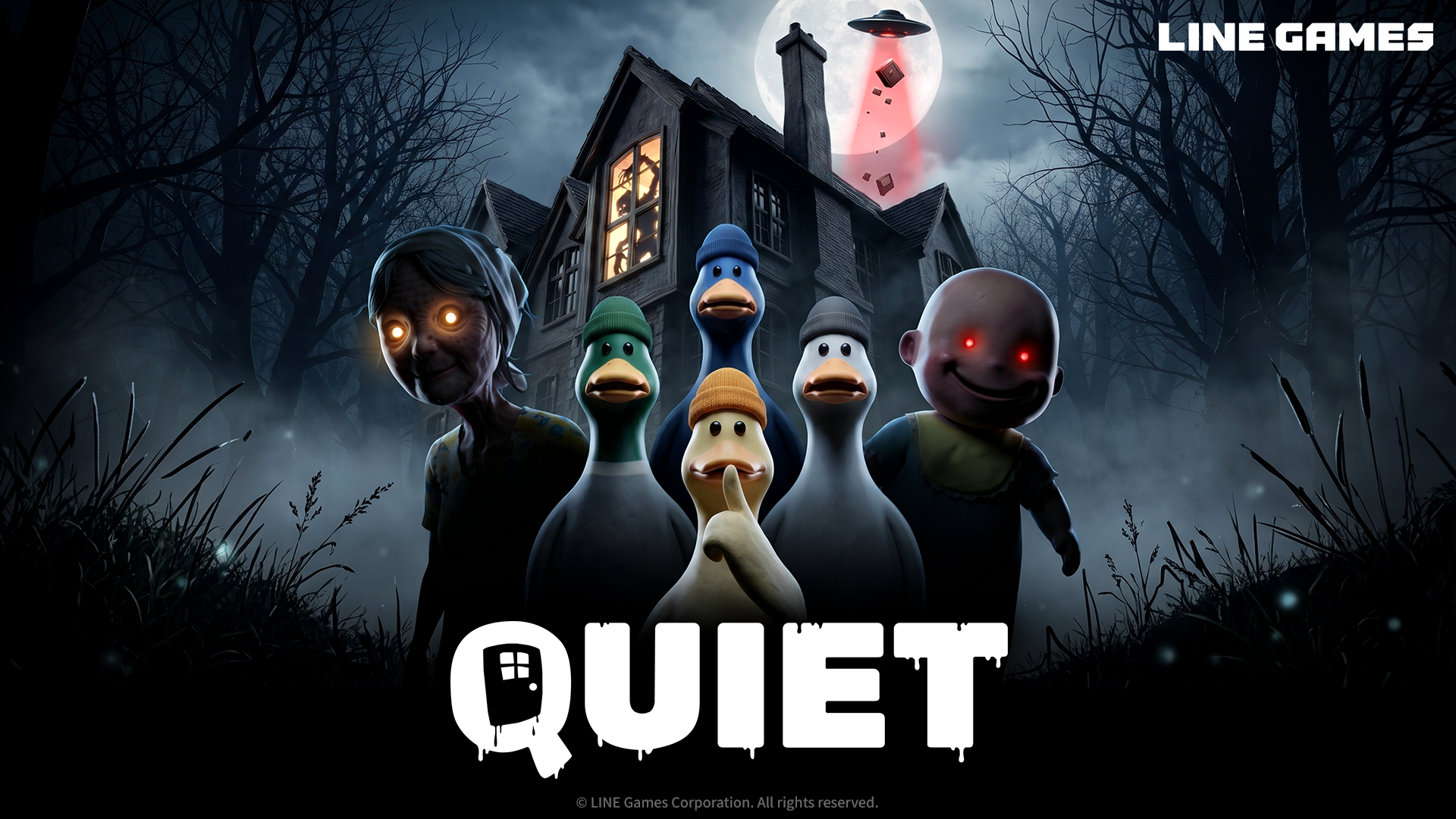 Cuatro patos alienígenas con gorros ante una casa oscura, entre una anciana y un bebé de ojos brillantes.