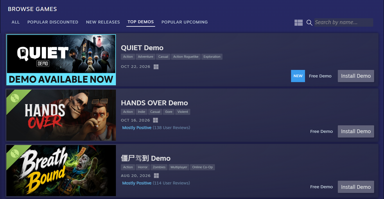QUIET Demo aparece en primer lugar de la sección Top Demos, por delante de Hands Over y Breath Bound.