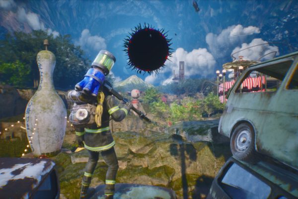 Un personaje armado en un escenario exterior de LET IT DIE: INFERNO