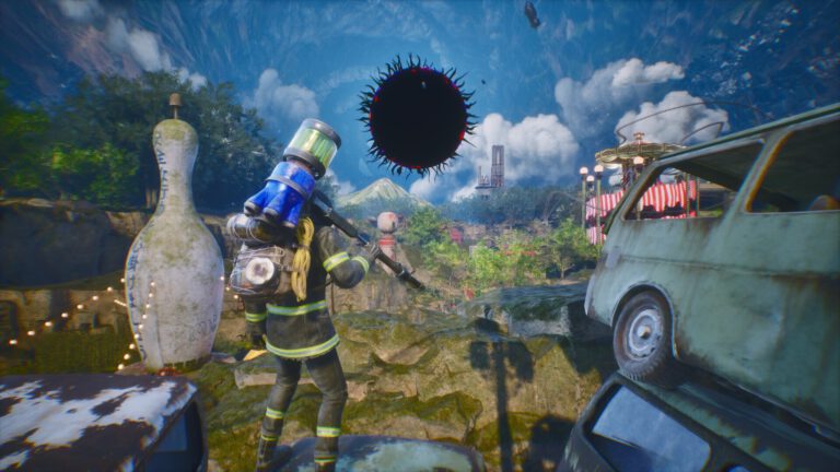 Un personaje armado en un escenario exterior de LET IT DIE: INFERNO