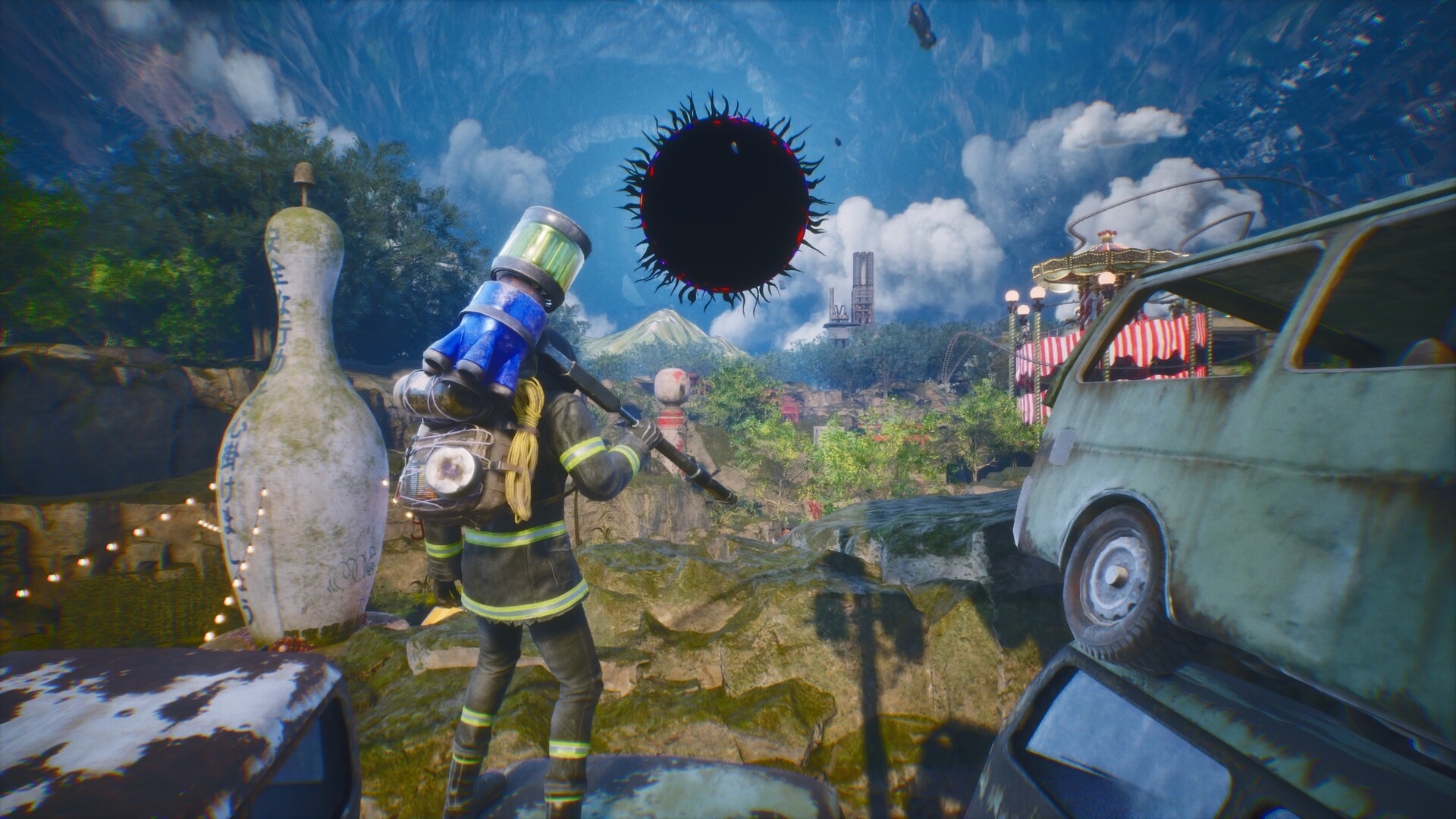Un personaje armado en un escenario exterior de LET IT DIE: INFERNO