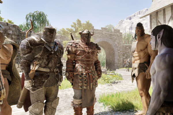 Grupo de personajes junto a una construcción de piedra en Mortal Online 2
