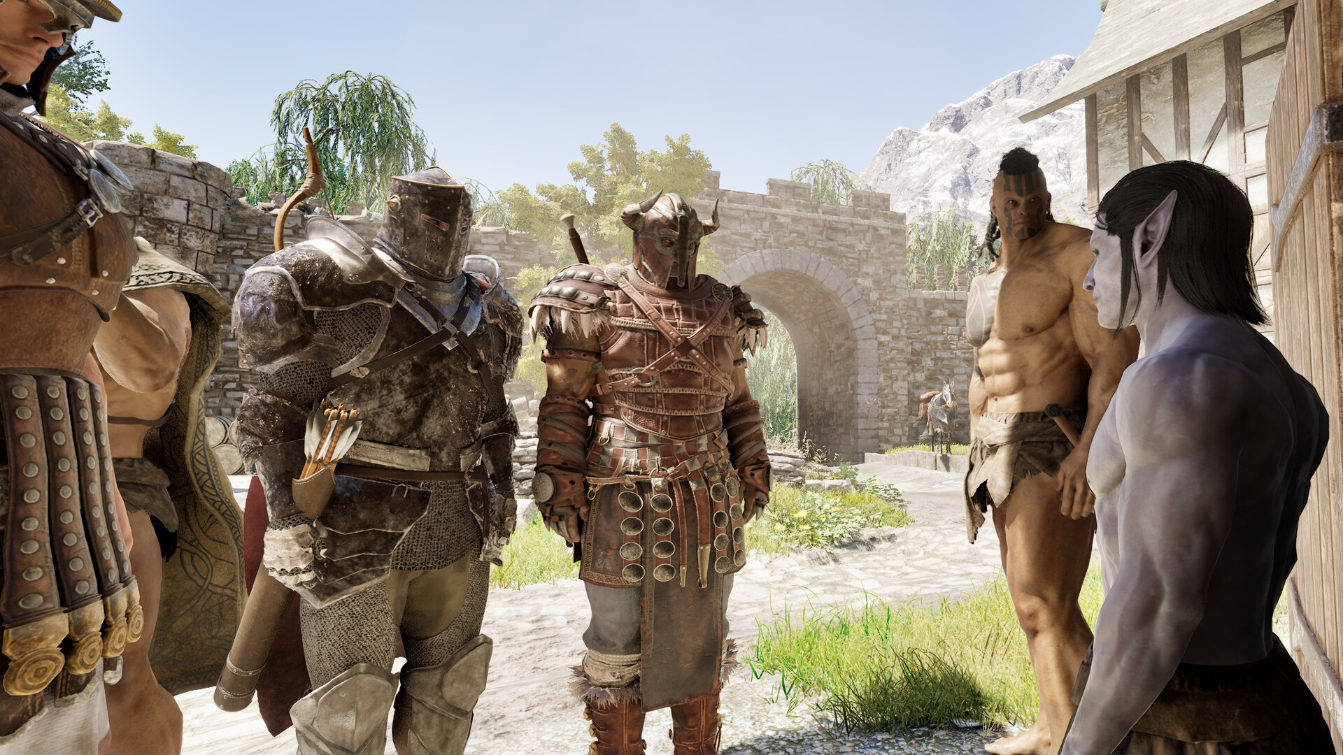 Grupo de personajes junto a una construcción de piedra en Mortal Online 2